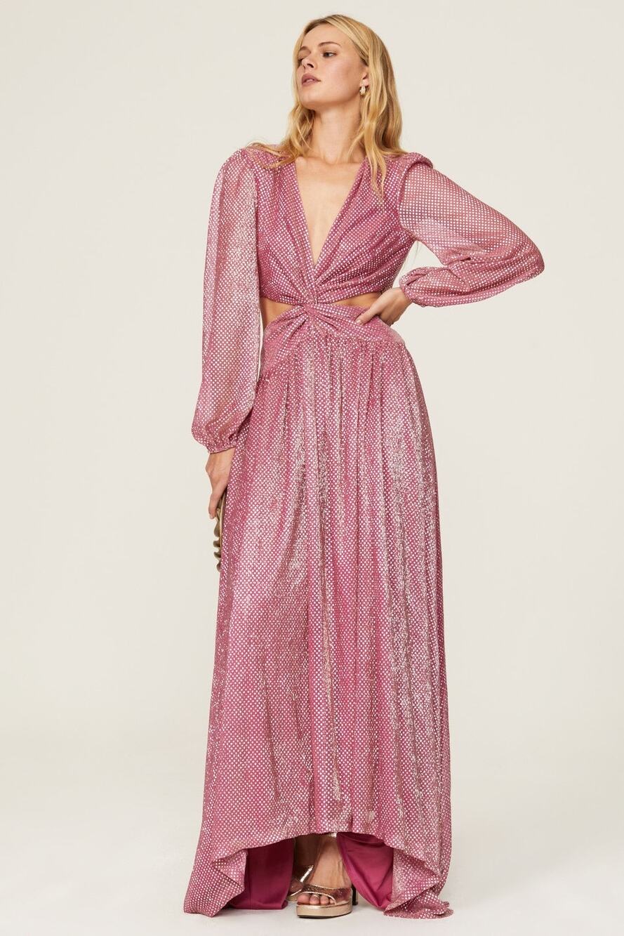 Ramy Brook Lebron Pink Metallic Long Sleeve Twisted Cutout Waist Gown Size 2